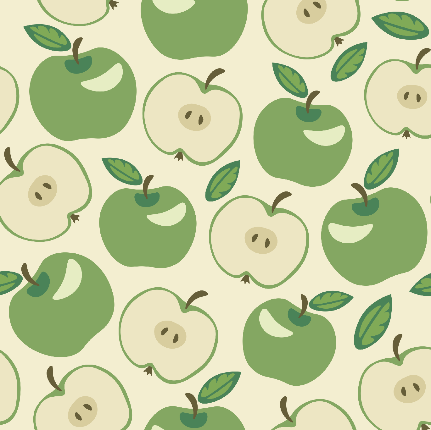A seamless pattern of stylized green apples, both whole and sliced in half, on a cream-colored background