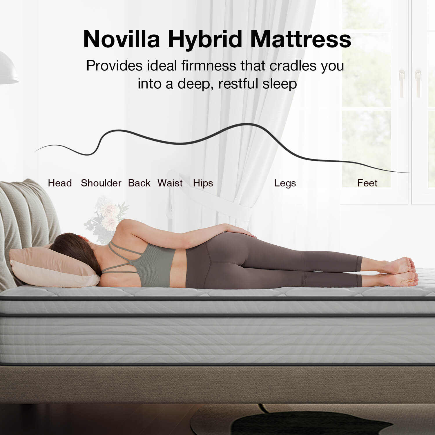 A woman sleeps on a Novilla hybrid mattress, with a diagram showing ideal body support for deep, restful sleep