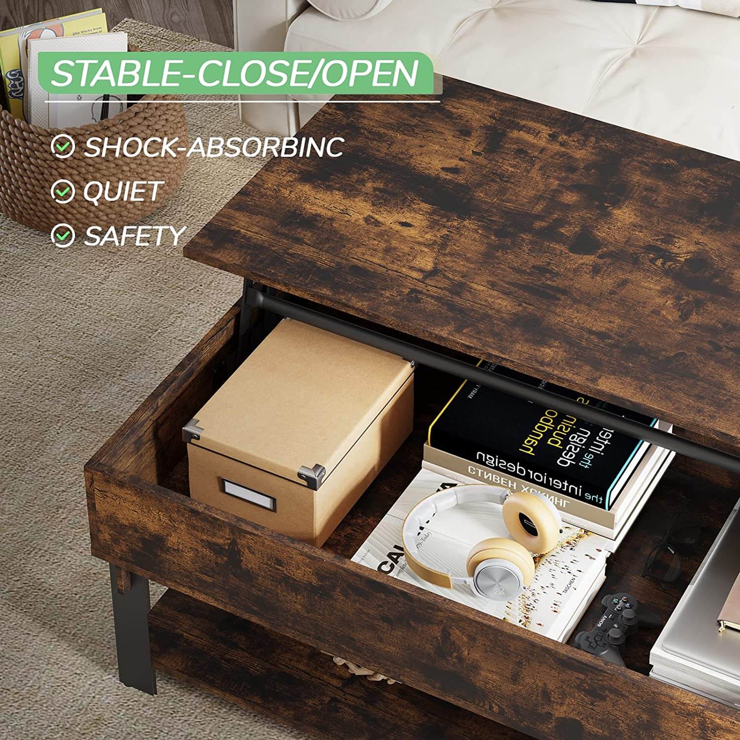 Double-layered Coffee Table with Pop-Up Storage Space