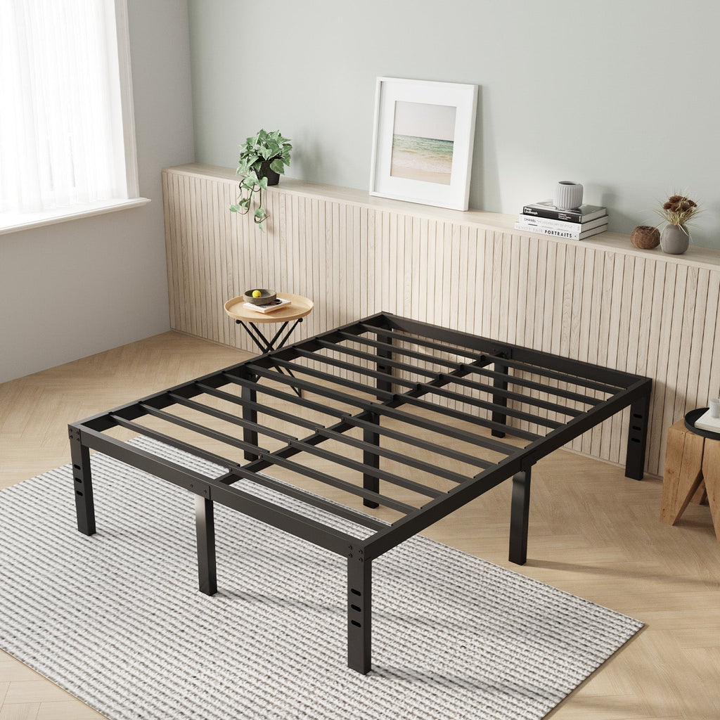 Vantor black metal bed frame with slatted platform and adjustable legs on striped rug.