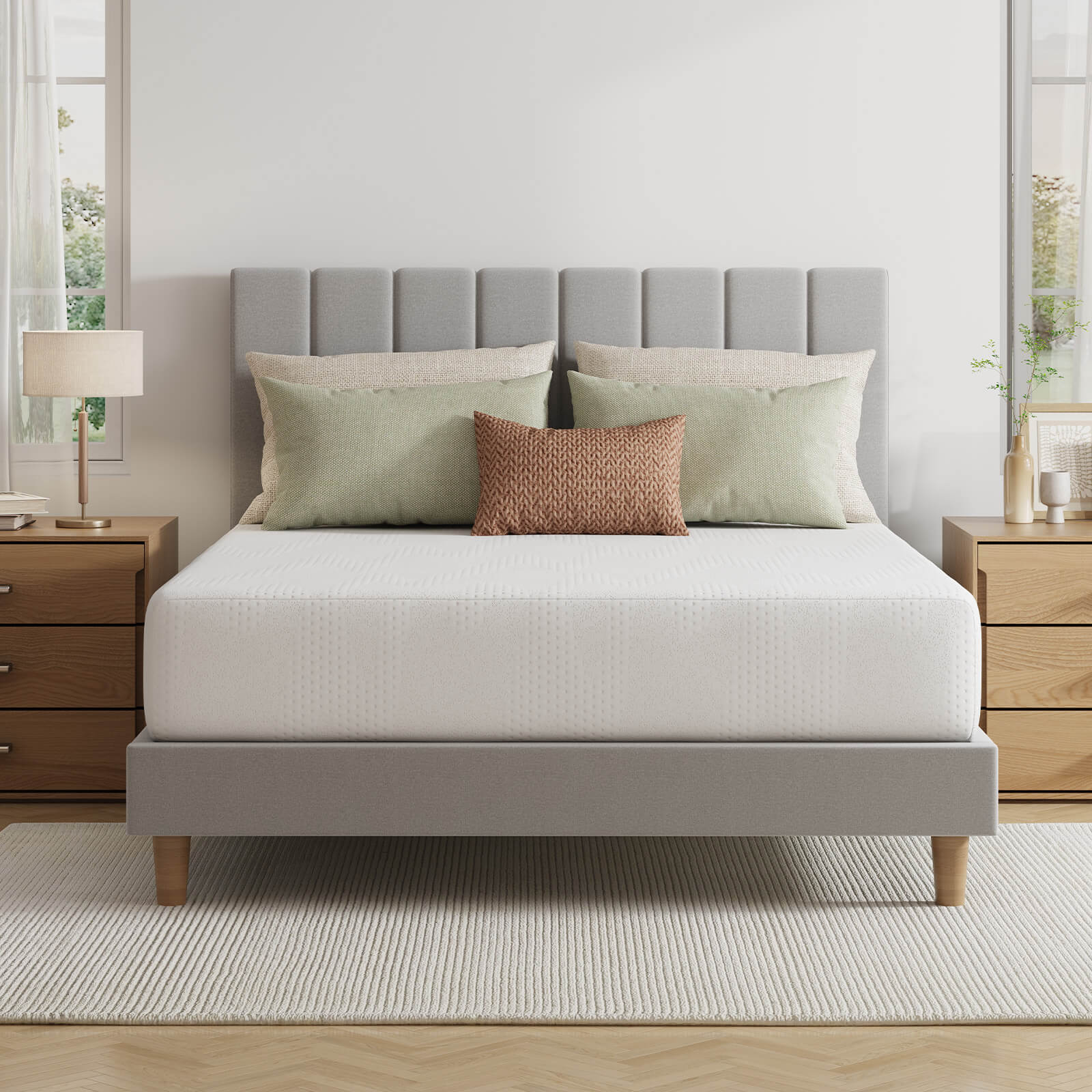 A white mattress on a grey upholstered bed with decorative pillows, set in a modern bedroom between two nightstands