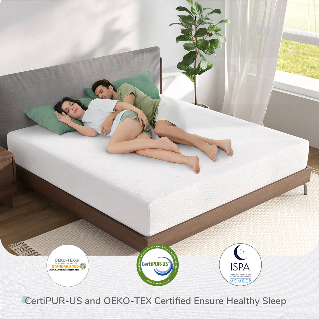 A couple sleeps peacefully on a white mattress, certified by CertiPUR-US and OEKO-TEX to ensure healthy sleep