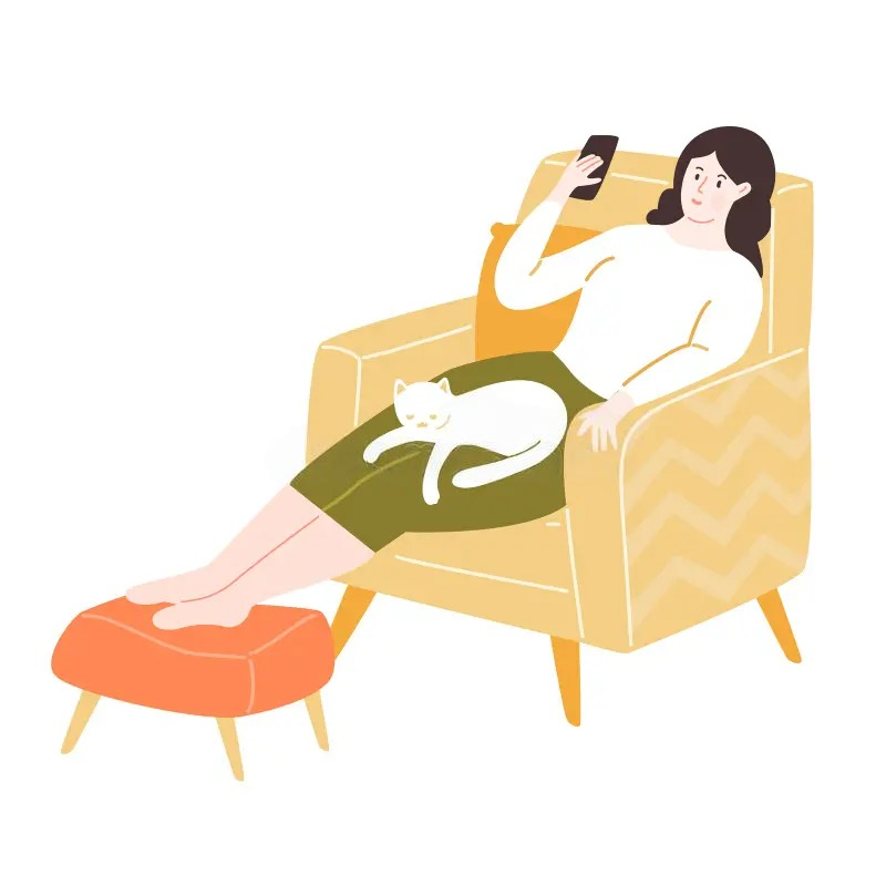 An illustration of a woman relaxing in a yellow armchair, looking at her phone while a white cat sleeps peacefully on her lap