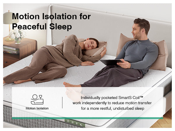 A woman sleeping peacefully on a mattress, undisturbed by the man sitting awake beside her, showing motion isolation