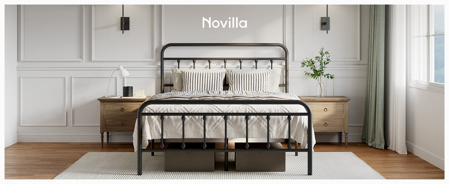 A Novilla black metal bed frame in a decorated bedroom with two nightstands, white bedding, and striped pillows