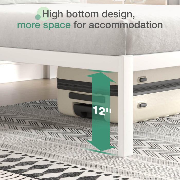 Bliss Comfort Backrest Bundle white metal frame shows 12 inches under-bed clearance with suitcase for storage.