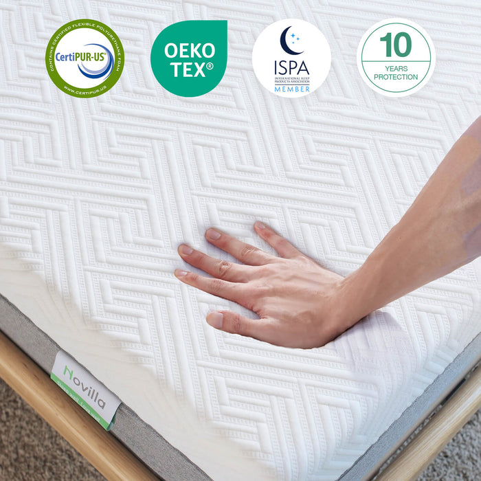 Bliss Foundation mattress comfort test with CertiPUR-US, OEKO-TEX, ISPA certifications, and 10-year protection badge.