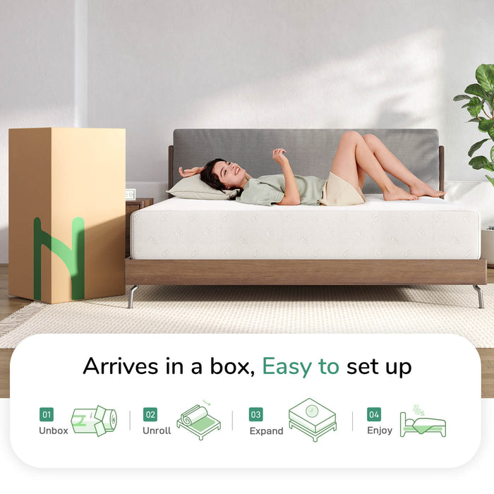Quietude Memory Foam Mattress arrives in a box and is easy to set up, shown with a woman on the bed and setup steps.