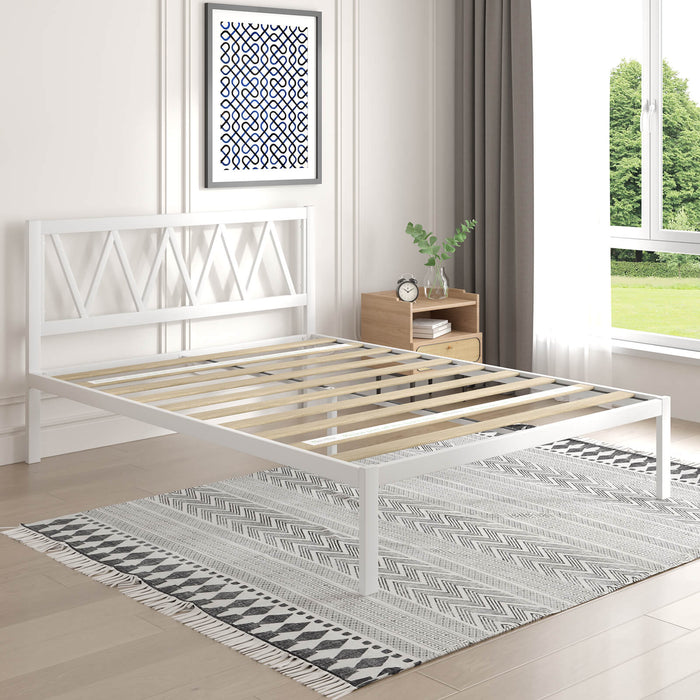 White Bliss Comfort Backrest Bundle bed frame with V-pattern headboard and wooden slats on patterned rug in modern bedroom.