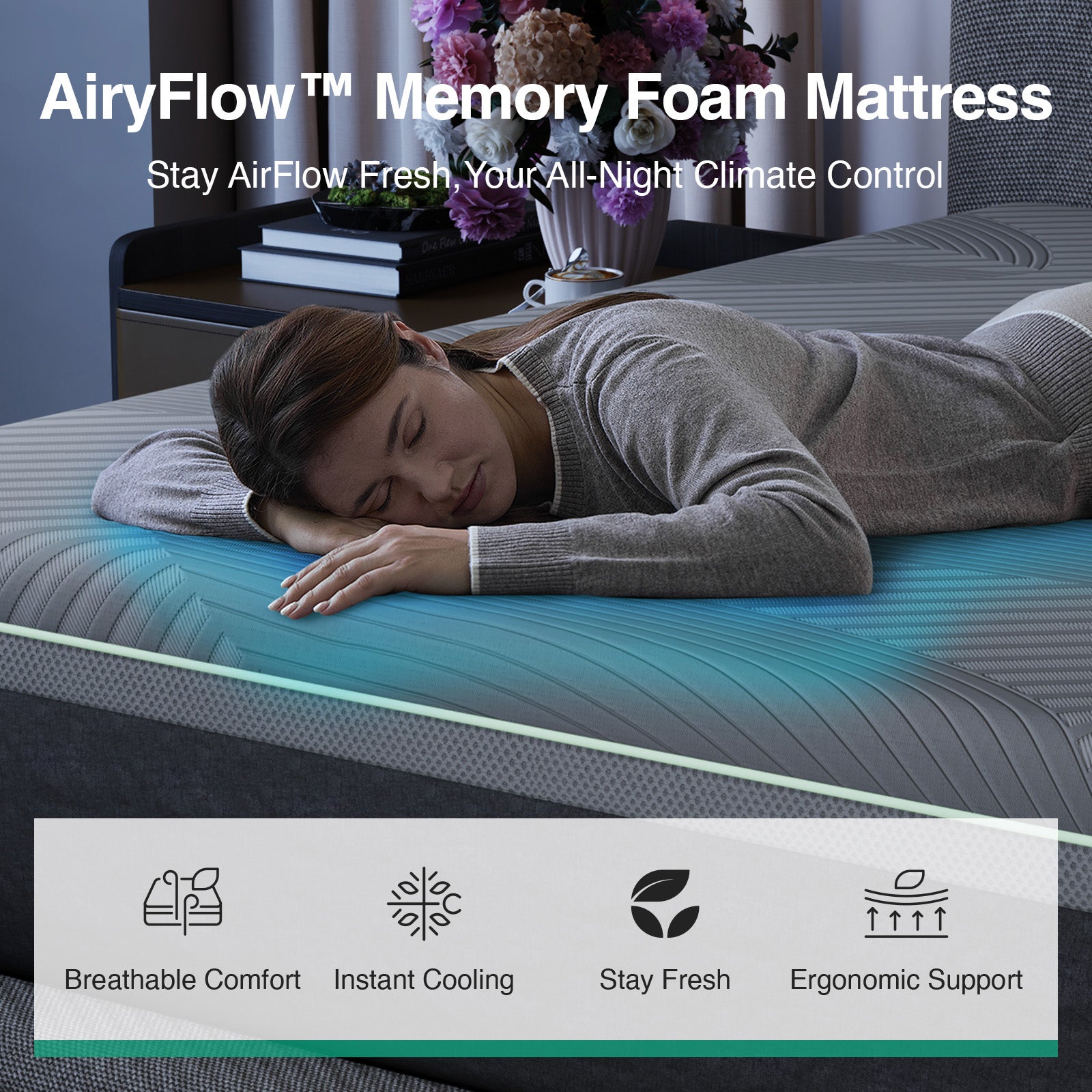 Novilla AiryFlow™ cooling mattress: woman sleeping, features breathable comfort, instant cooling, stay fresh, ergonomic support.