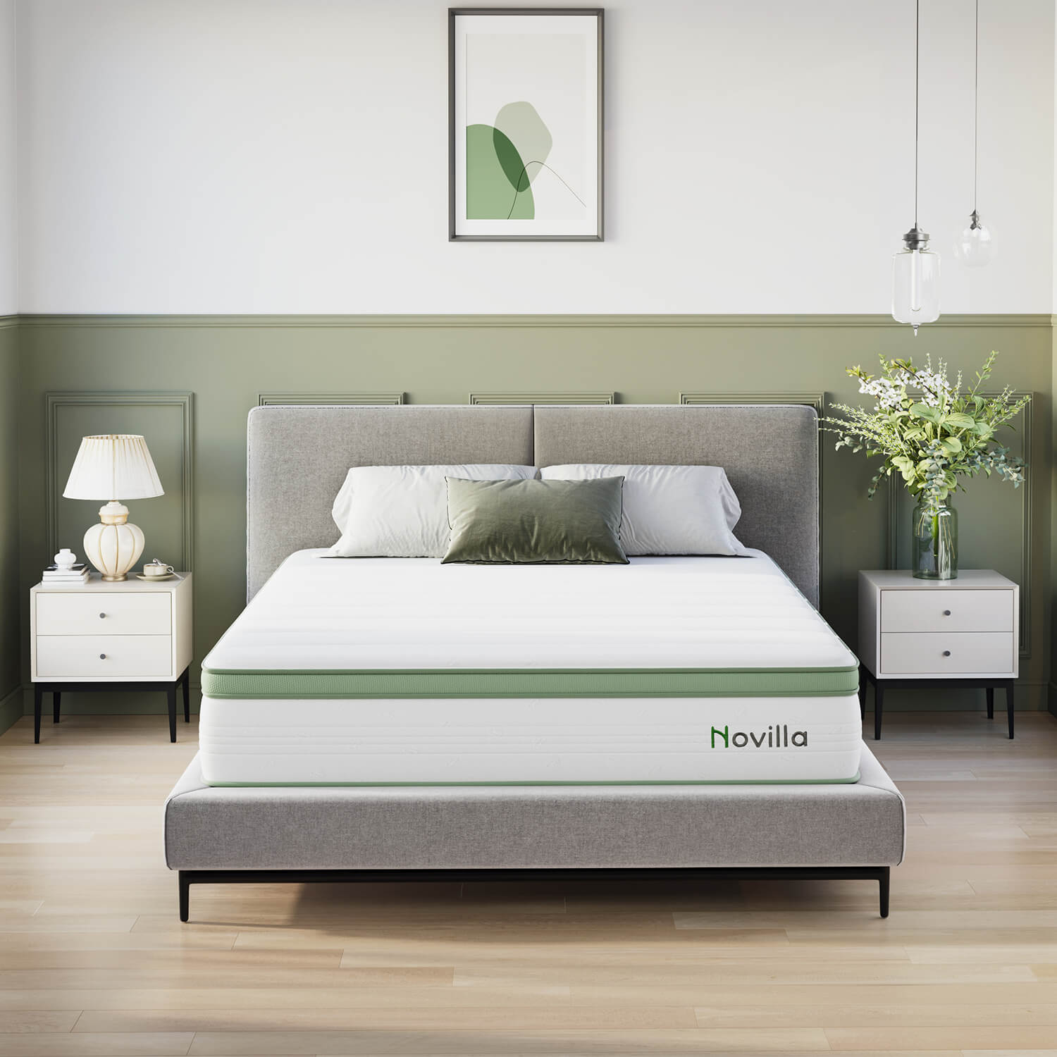 Grove Hybrid Mattress with green accents on a grey bed, bedside tables, and decor.