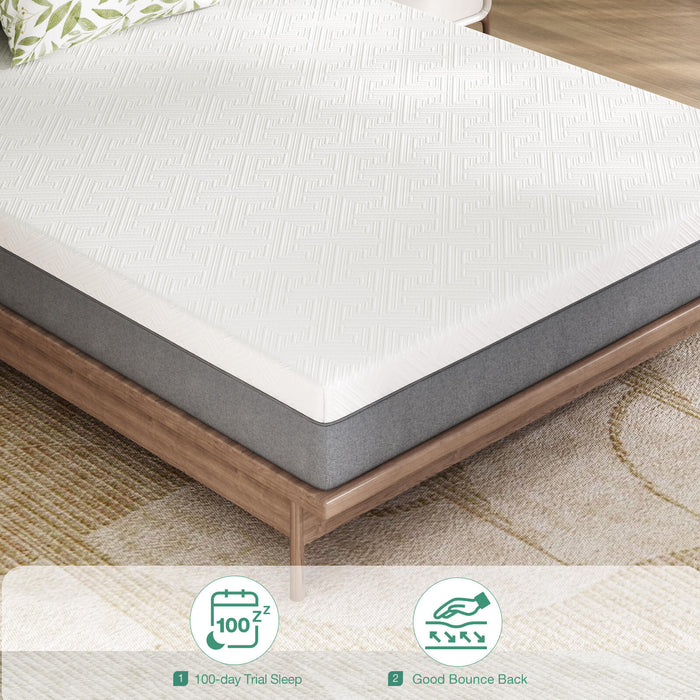 Bliss Silent Support mattress with textured white top, gray sides on wood frame, 100-day trial, good bounce back.