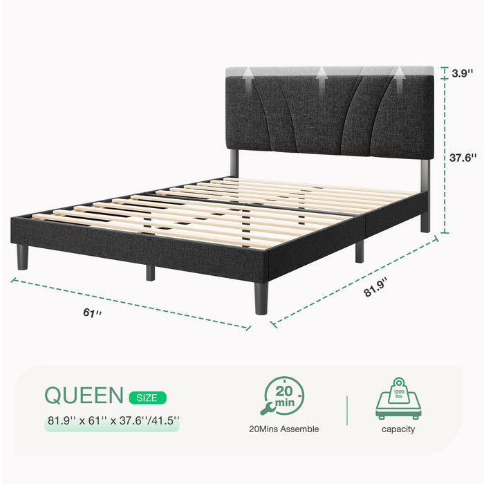 Bliss Adjustable Sleep Bundle queen bed frame: dark gray, tufted headboard, dimensions, 20-min assembly, 1200 lbs capacity.