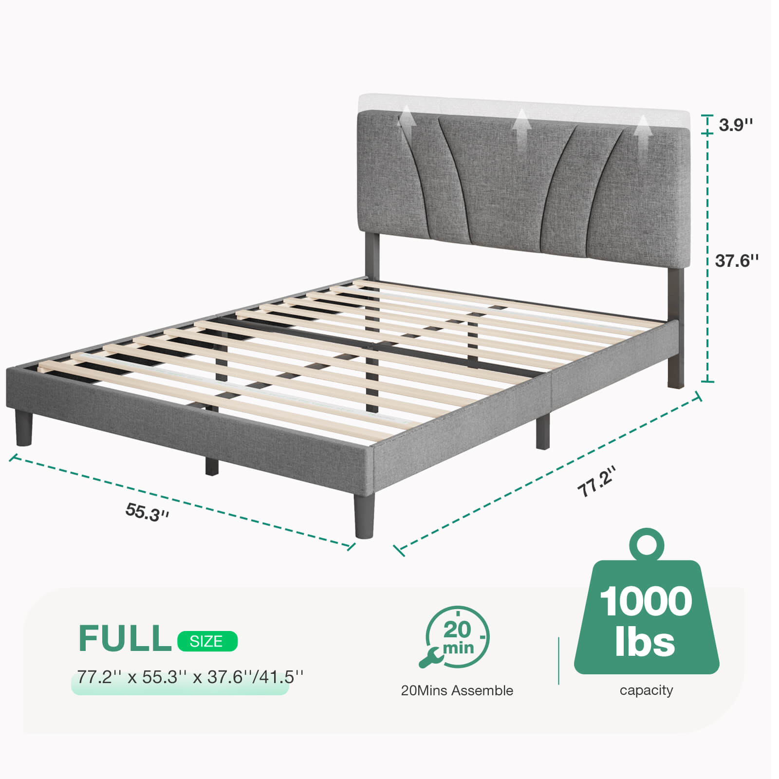 Full size gray upholstered bed frame with adjustable headboard, slatted support, 1000 lbs capacity, 20 min assembly.