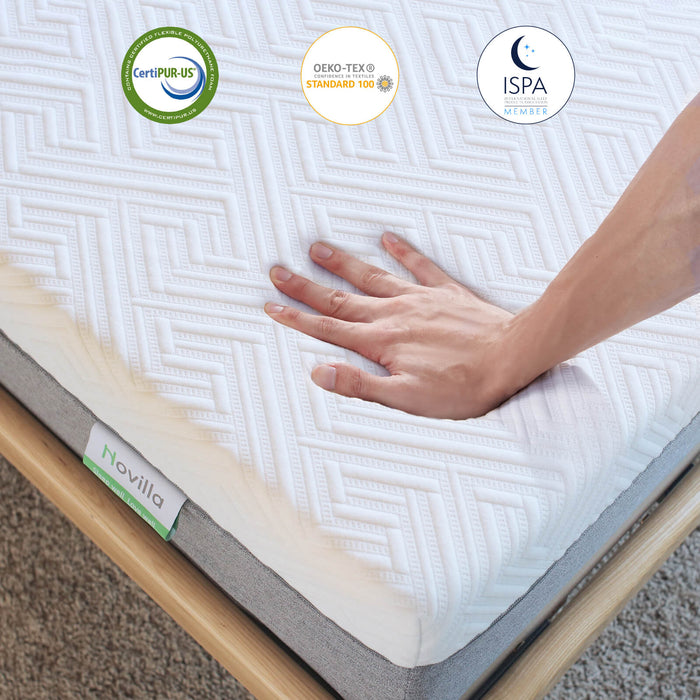 Bliss Silent Support mattress comfort demonstration, showing CertiPUR-US and OEKO-TEX certifications.