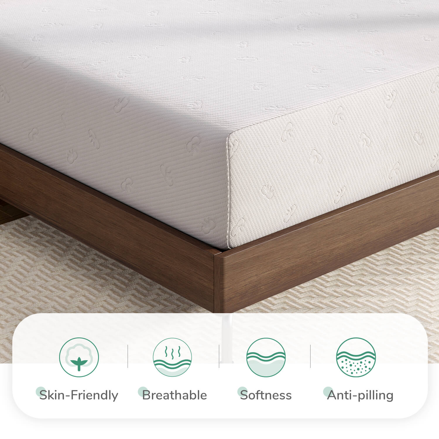 Quietude memory foam mattress with embossed pattern on dark wood bed, highlighting key features.