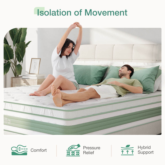 Novilla Buoyant Hybrid Mattress: Couple testing movement isolation, comfort, pressure relief, hybrid support.