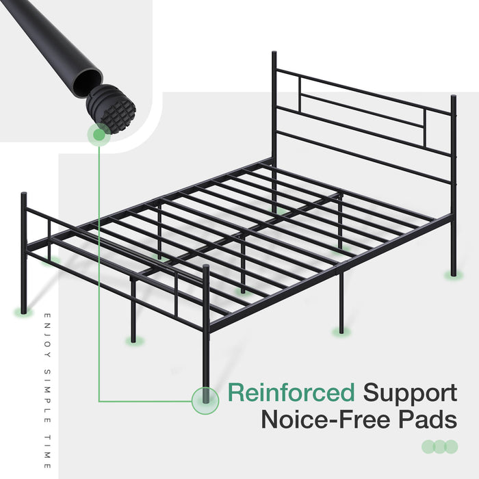 Bliss Silent Support bed frame in black metal with reinforced support and noise-free pads, showcasing minimalist design.