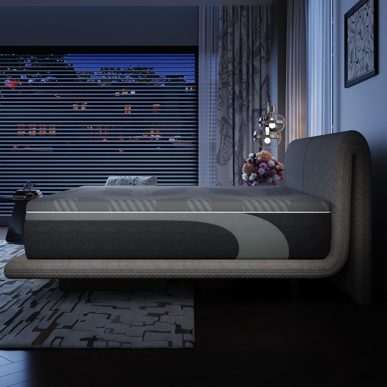 Novilla AiryFlow cooling foam mattress in a bedroom setting at night.