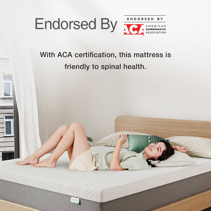 Bliss Foundation mattress with ACA certification for spinal health, woman relaxing.