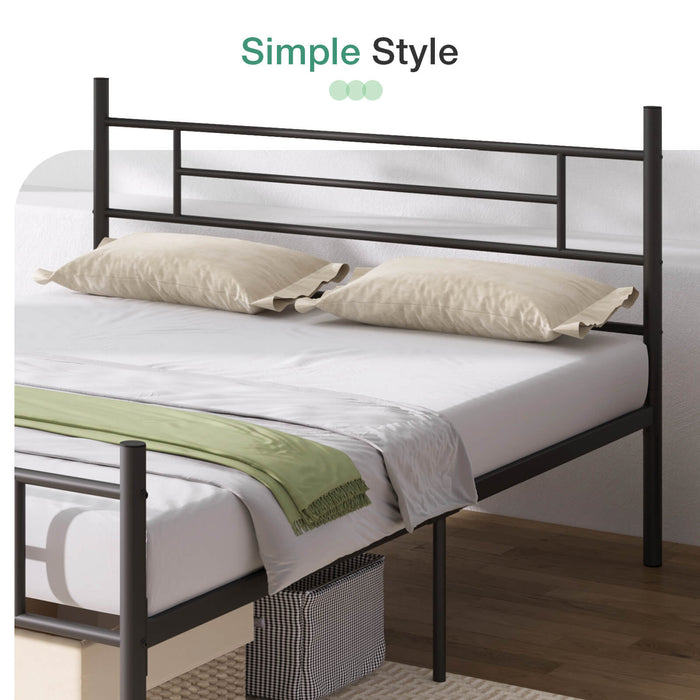 Bliss Silent Support mattress on black metal bed frame with headboard, green throw, pillows, and storage basket.