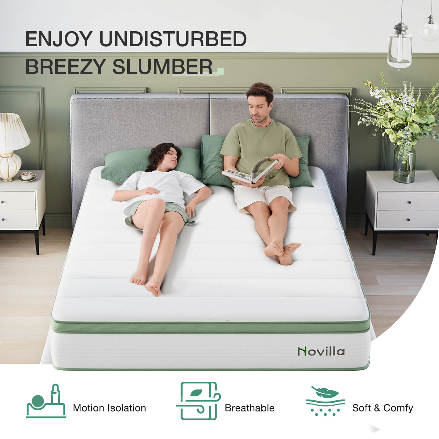 Grove Hybrid Mattress with green border and Novilla logo on a bed with two people, grey headboard, and nightstands.