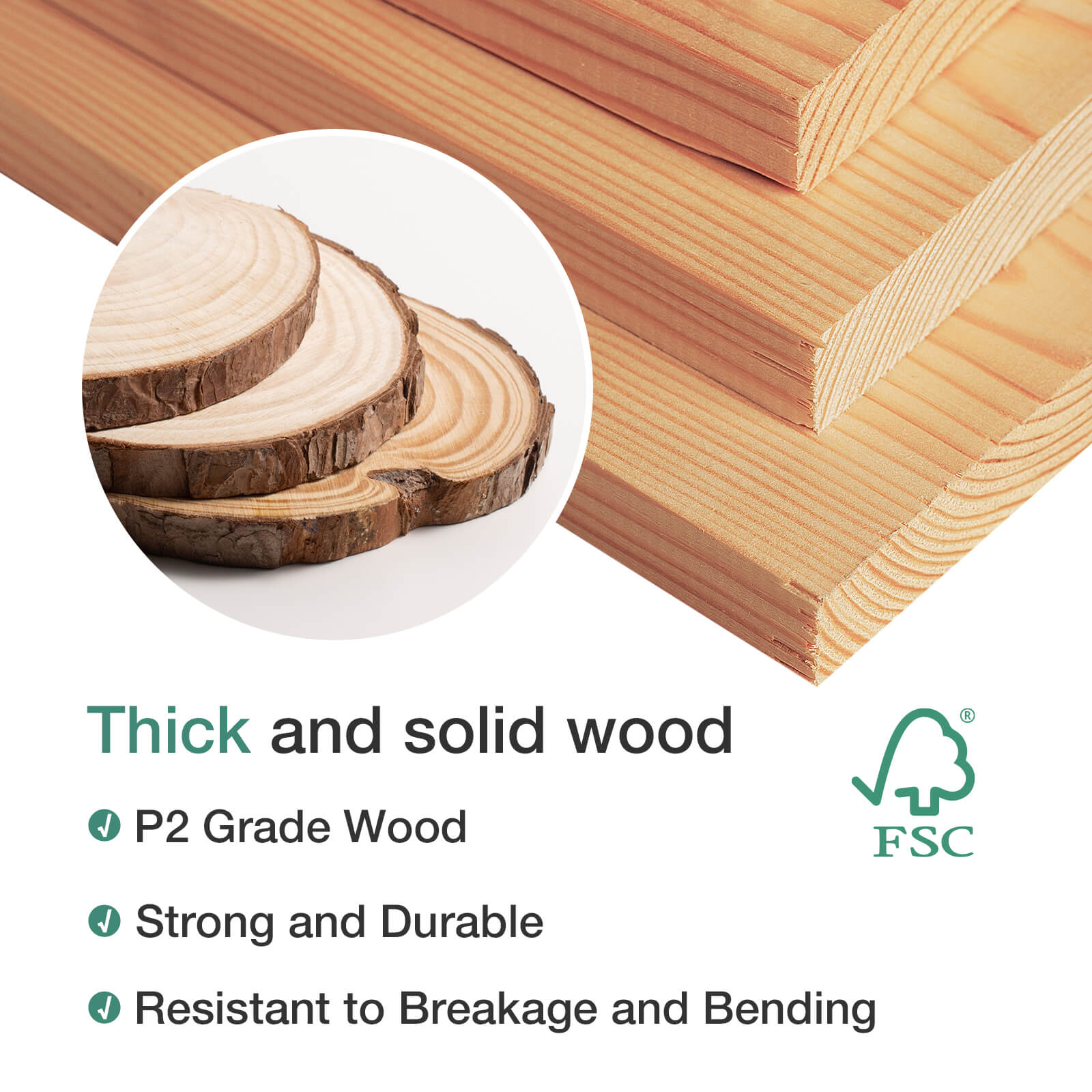 Bliss Classic Bundle P2 Grade Wood with FSC certification, showcasing thick, solid, durable wood planks and slices.