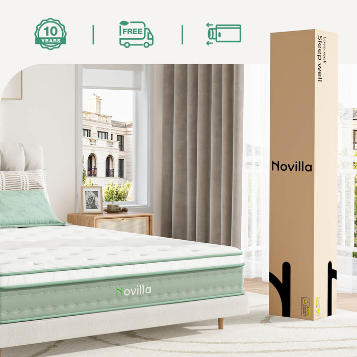 Oasis Hybrid Mattress white quilted top, green sides with Novilla logo, next to branded box. Product showcase.