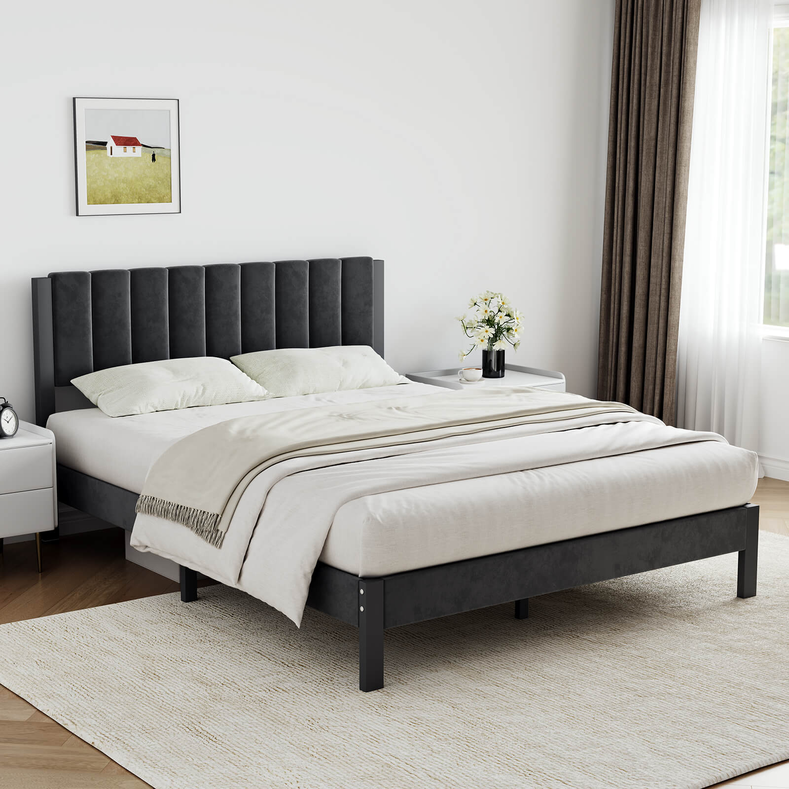 Velvet Upholstered Platform Bed Frame