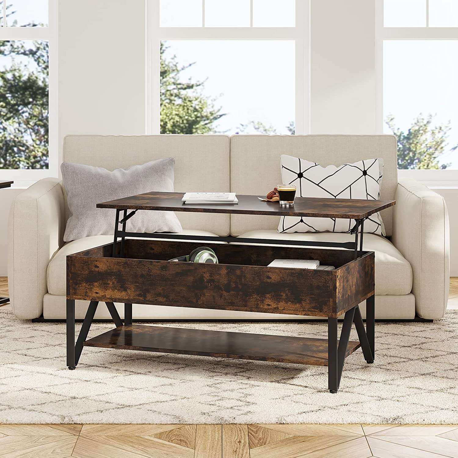 Shaped Legs Coffee Table with Pop-up Storage Space