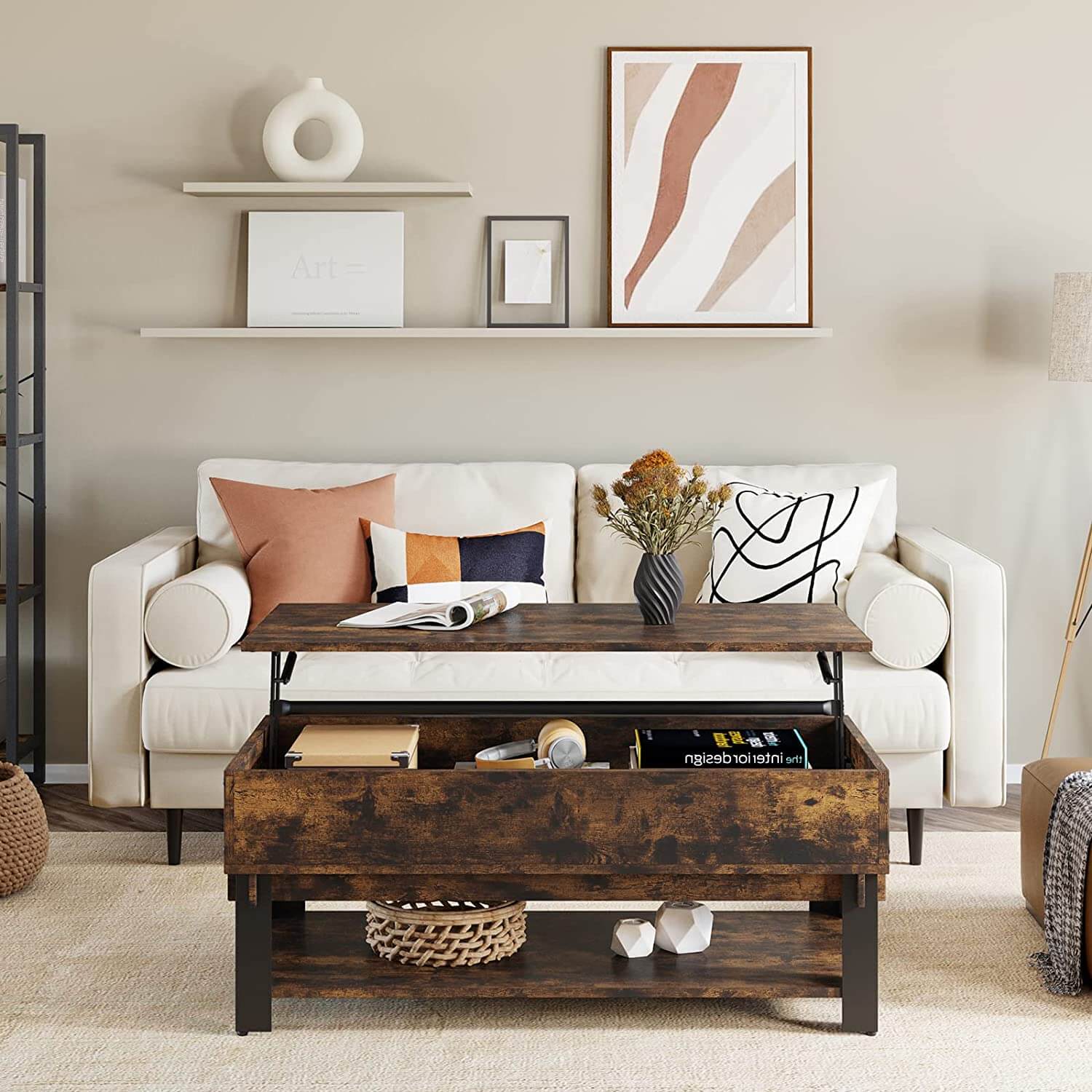Double-layered Coffee Table with Pop-Up Storage Space